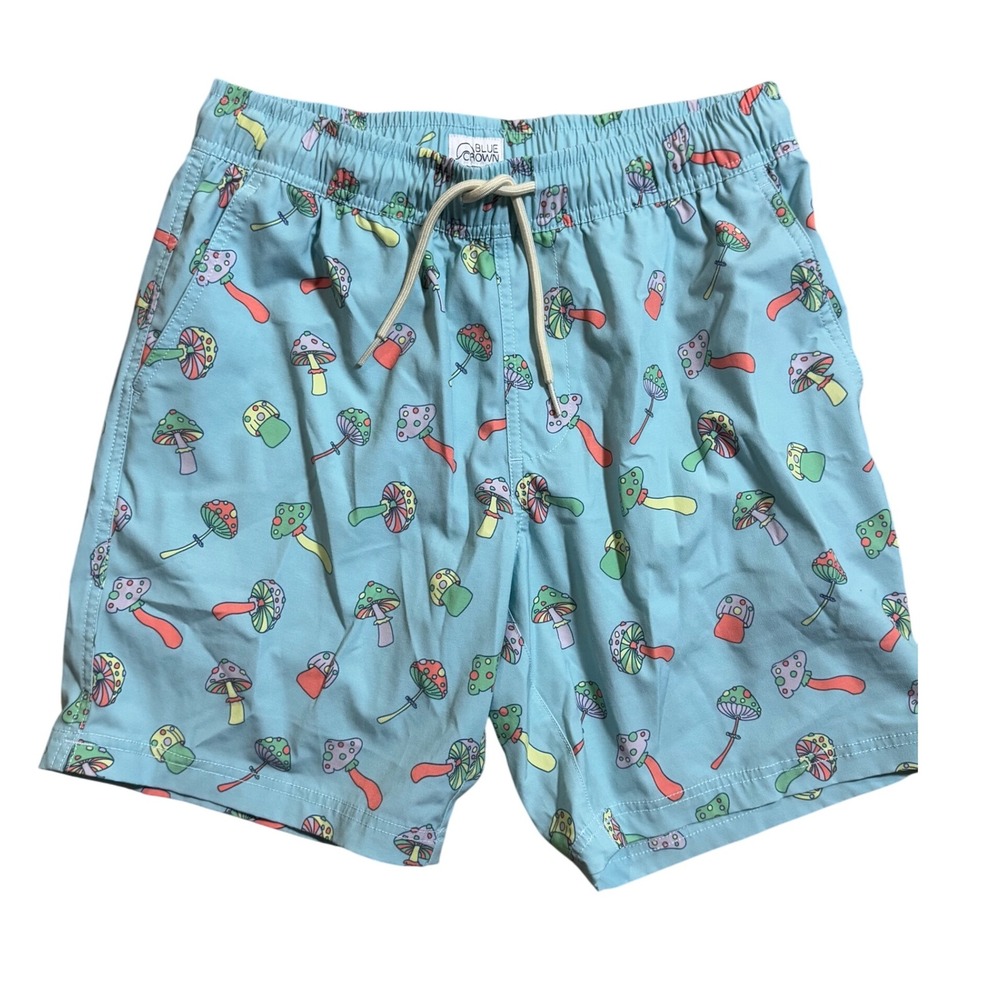Blue Crown Mushroom Print Swim Trunks Mens Size S Shorts Elastic Waist